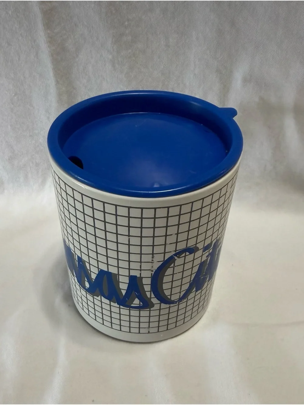 White Plastic Travel Mug with Blue Lid and Blue Kansas City Graphic